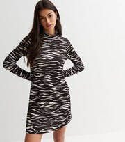 New Look Black Zebra Print Ribbed High Neck Mini Dress
